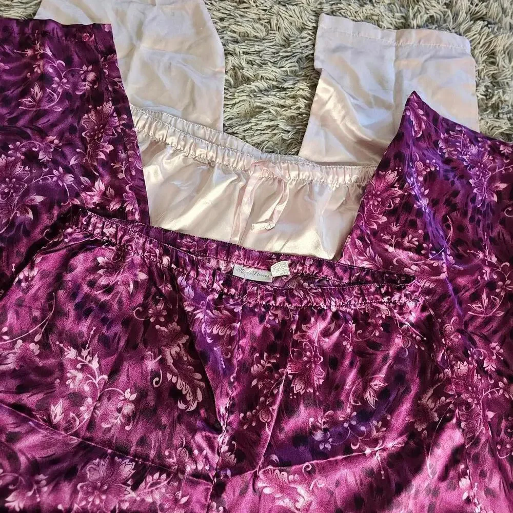Nicole Stevens Purple Satin Floral Pajama Set with Light Pink Satin Lining